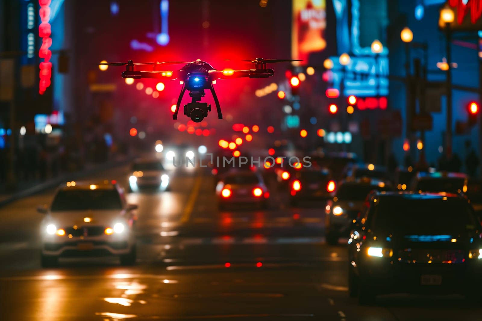 Copter drone flying low at night downtown city street. Neural network generated image. Not based on any actual scene or pattern.