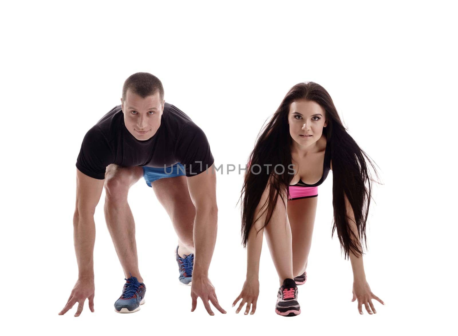 Sprint. Studio photo of people on starting block. Isolated over white background