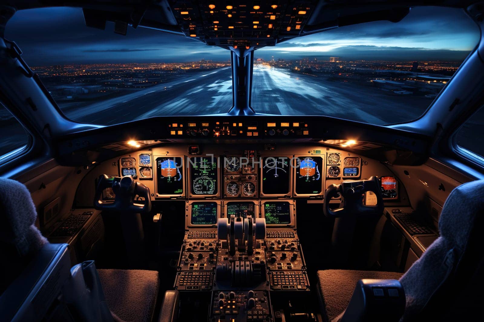 Inside view of an airplane cockpit with a glowing instrument panel.