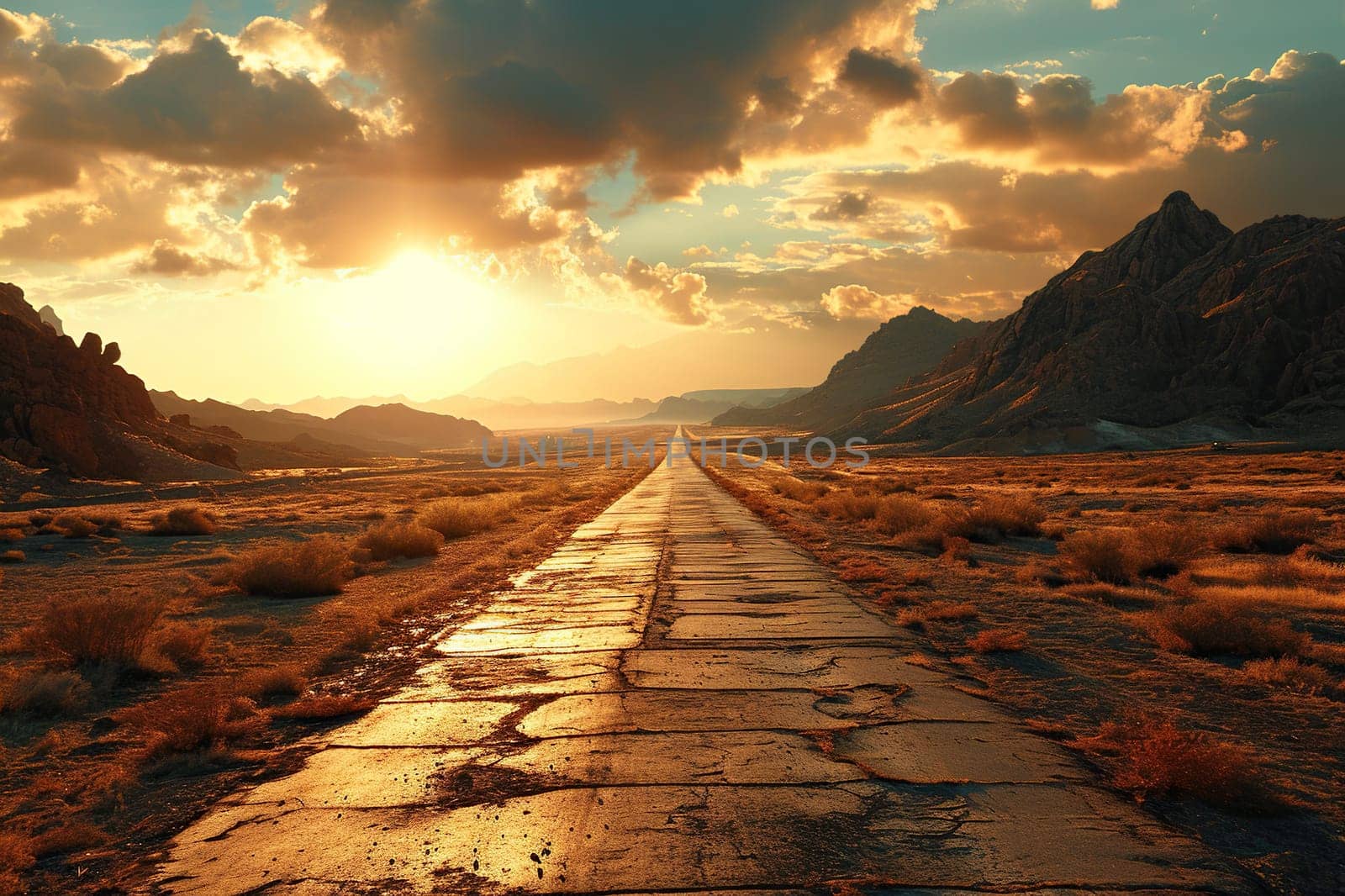 An old asphalt road in the middle of the desert in the light of the sun. Generated by artificial intelligence by Vovmar