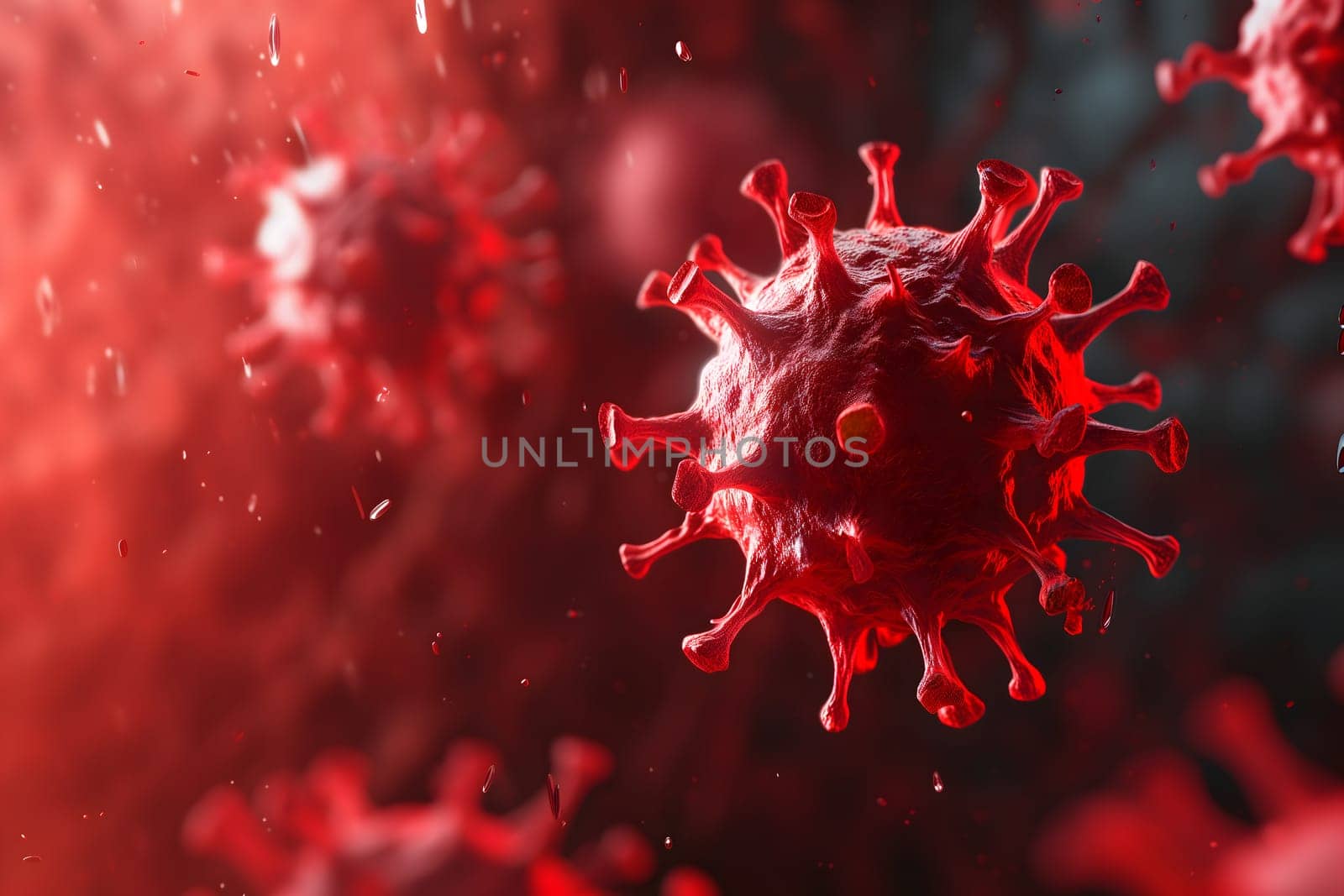 Red coronaviruses micro scene background. Neural network generated image. Not based on any actual scene or pattern.