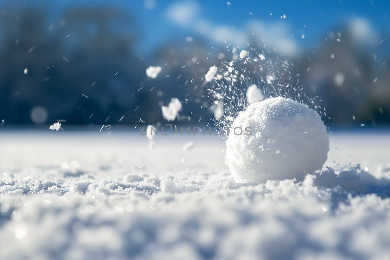 Snowball on snow covered ground at sunny winter day for snow ball effect concept. Neural network generated image. Not based on any actual scene or pattern.