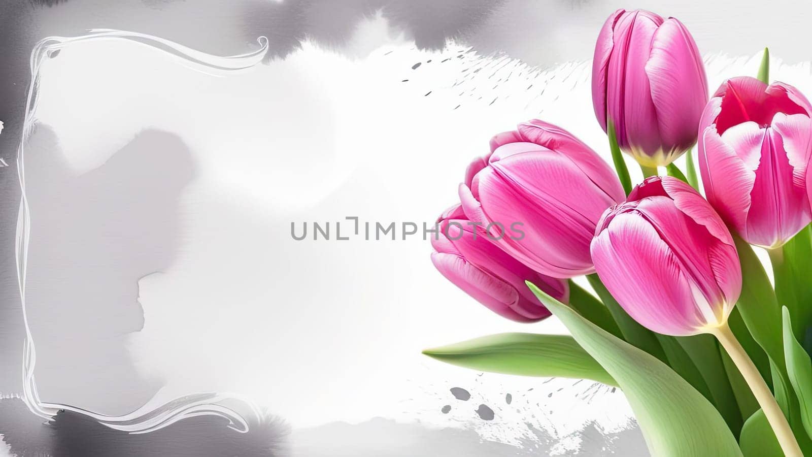 Banner.Bouquet of pink spring tulips on a white background, drawn in watercolor. Copy space. Place for text.