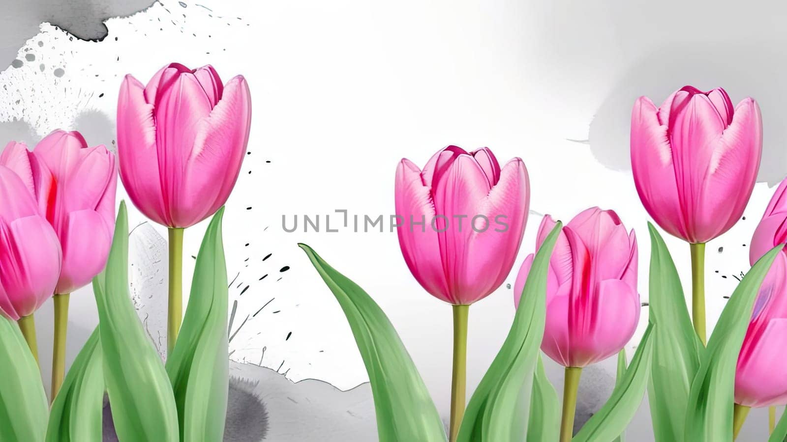 Banner.Bouquet of pink spring tulips on a white background, drawn in watercolor. Copy space. Place for text.