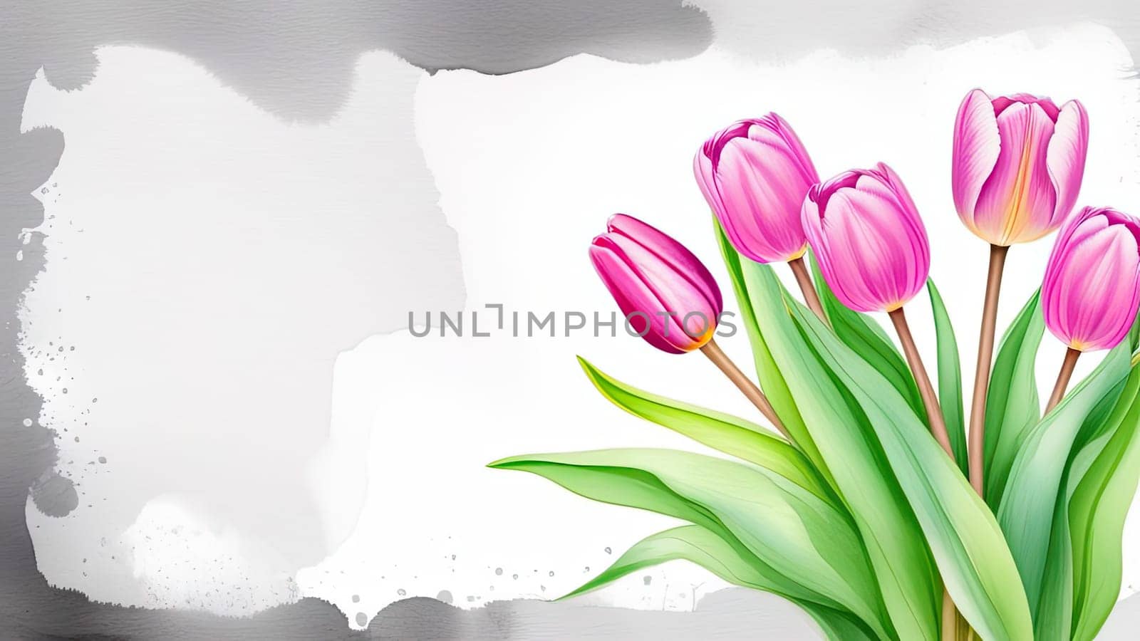 Banner.Bouquet of pink spring tulips on a white background, drawn in watercolor. Copy space. Place for text.