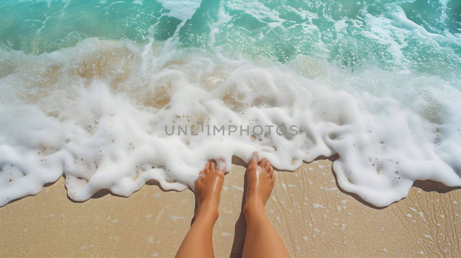 person's legs on a sandy beach as they enjoy the soothing approach of foamy ocean waves, capturing the essence of relaxation and summertime bliss. Neural network generated image. Not based on any actual scene or pattern.