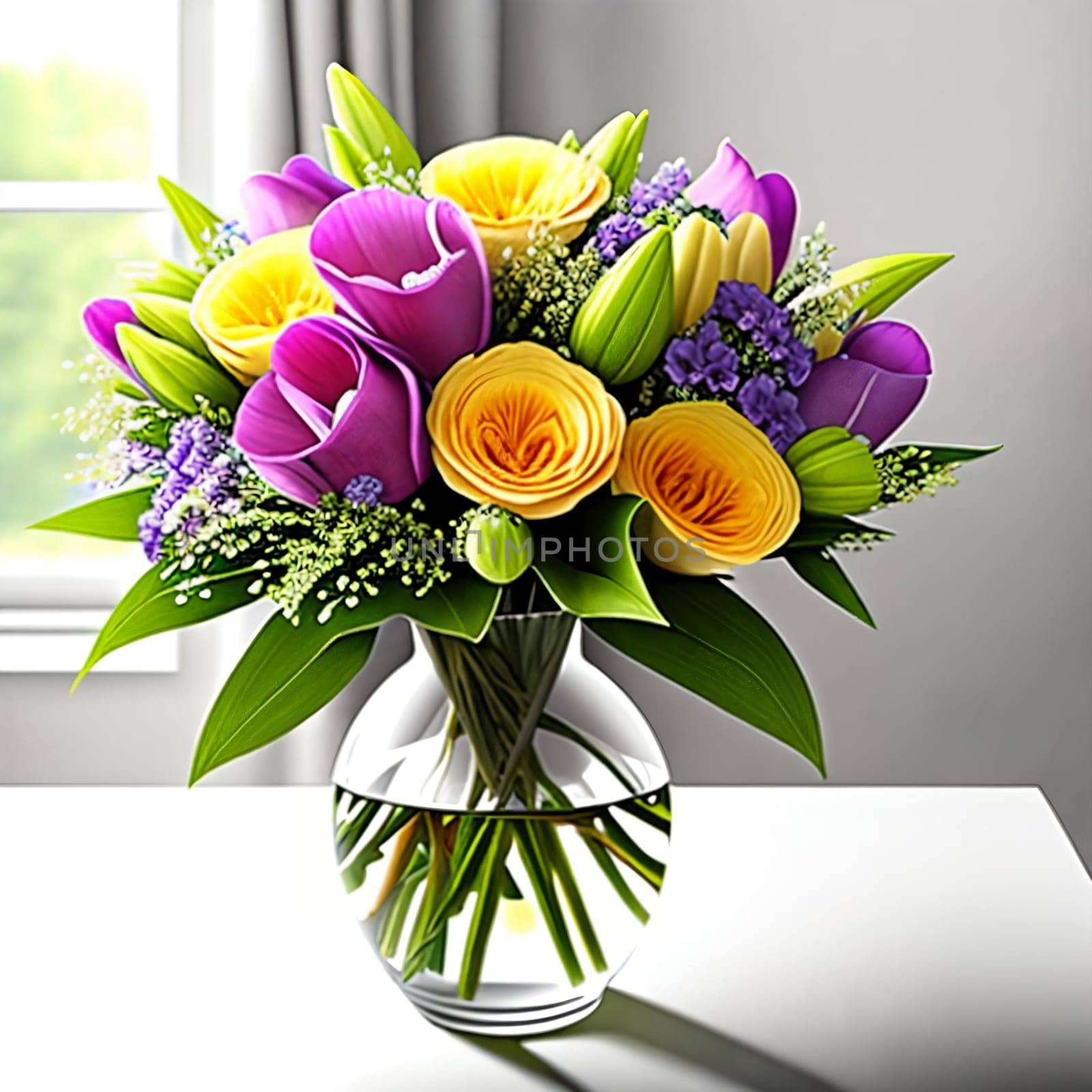 Floral Elegance. A vibrant bouquet of spring flowers arranged in a stylish vase with soft natural lighting to symbolize elegance and femininity