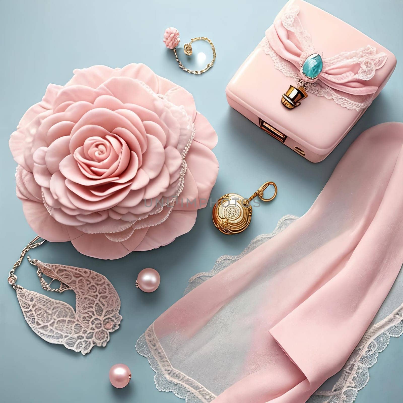 Pastel Palette. A still life scene featuring pastel-colored feminine accessories like a delicate pearl necklace, a lace handkerchief, and a vintage perfume bottle against a soft textured background for a sophisticated and timeless look.