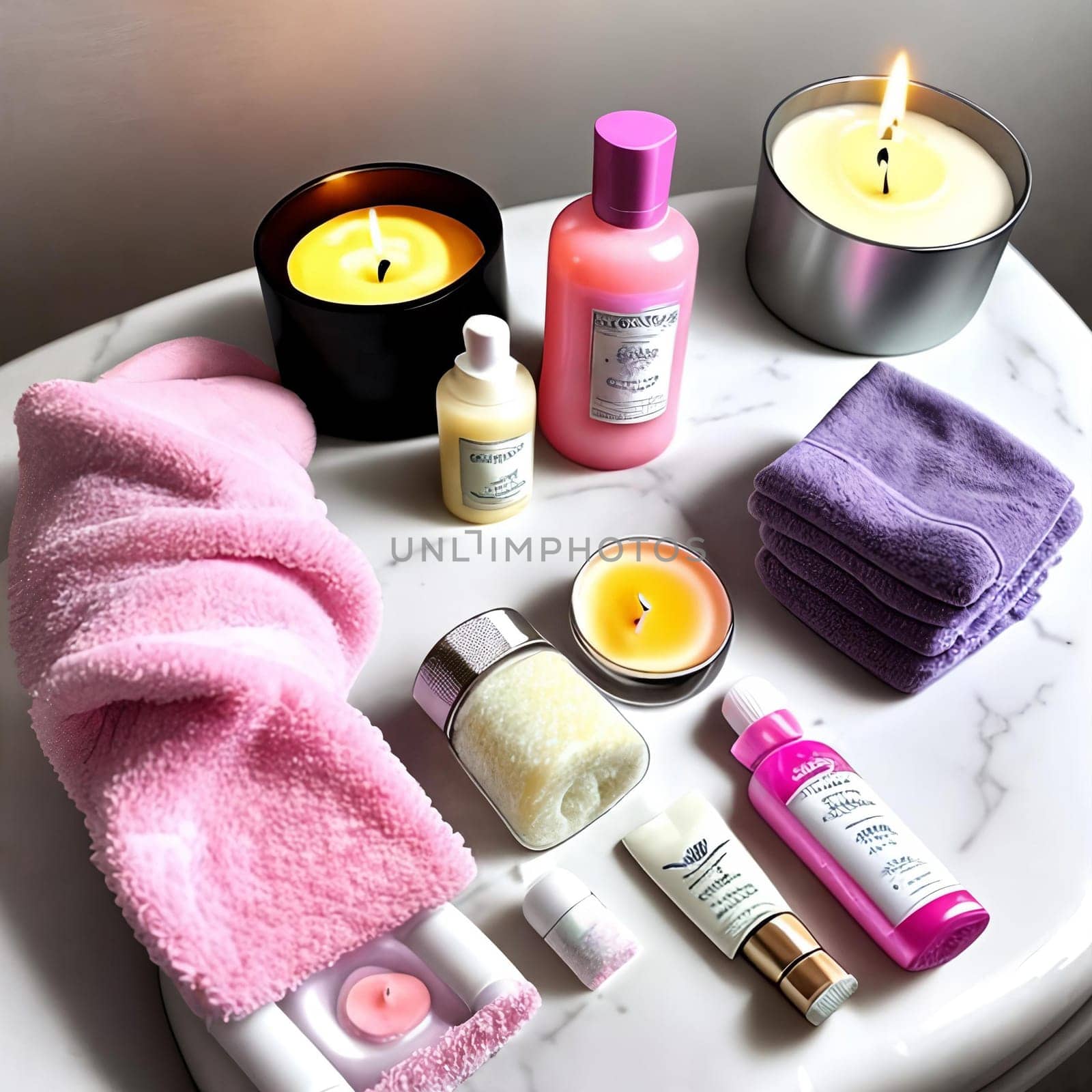 Self-care Ritual. A flat lay composition of pampering essentials such as scented candles, a plush towel, aromatic bath salts, and a skincare mask to convey the importance of self-care and relaxation