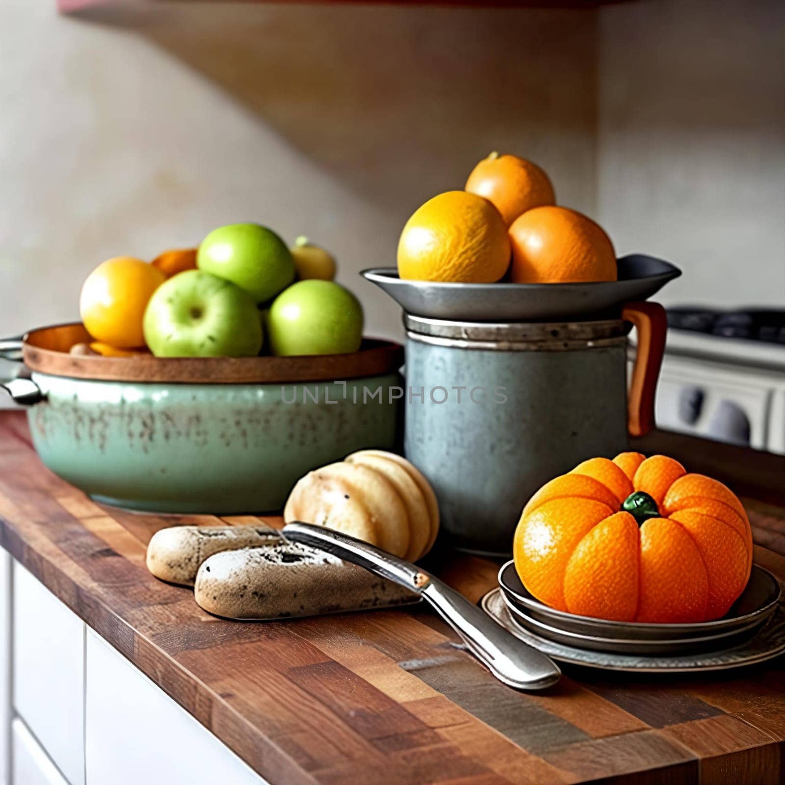 Kitchen Creations. A beautifully styled image of a rustic kitchen counter with fresh fruits, a recipe book, and vintage kitchen utensils