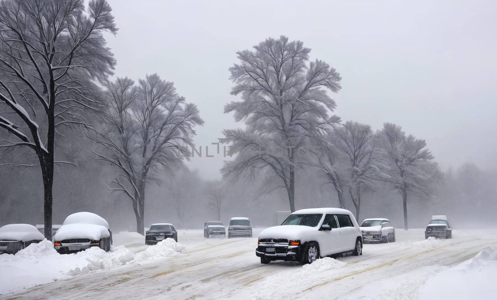 The impact of a severe blizzard with snowdrifts engulfing structures and roads, creating a wintry landscape shrouded in a blanket of white. Panorama