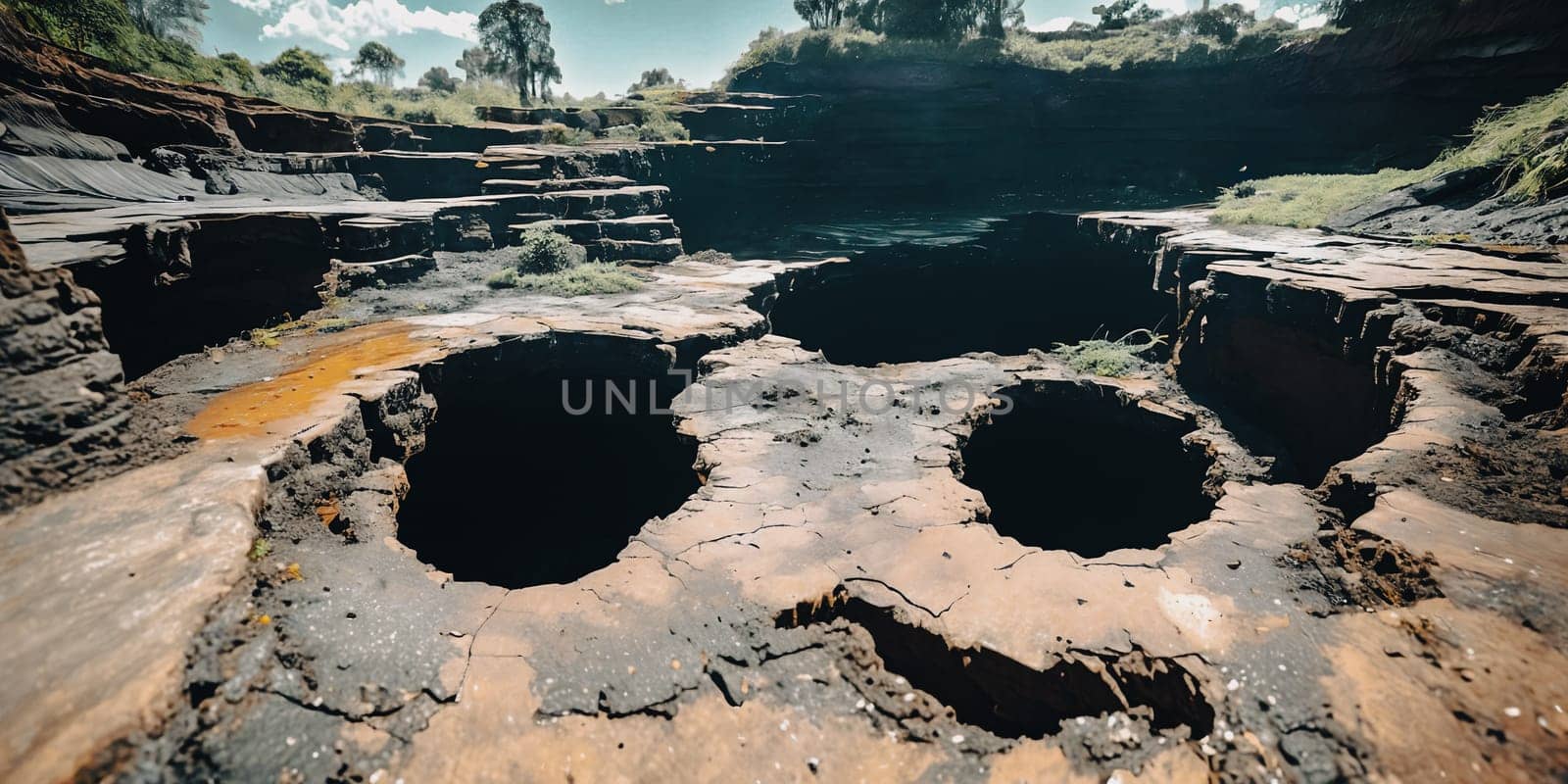 The surreal sight of a sinkhole swallowing up a section of land, showcasing the sudden and dramatic geological event with a focus on the gaping hole and crumbling surroundings. Panorama