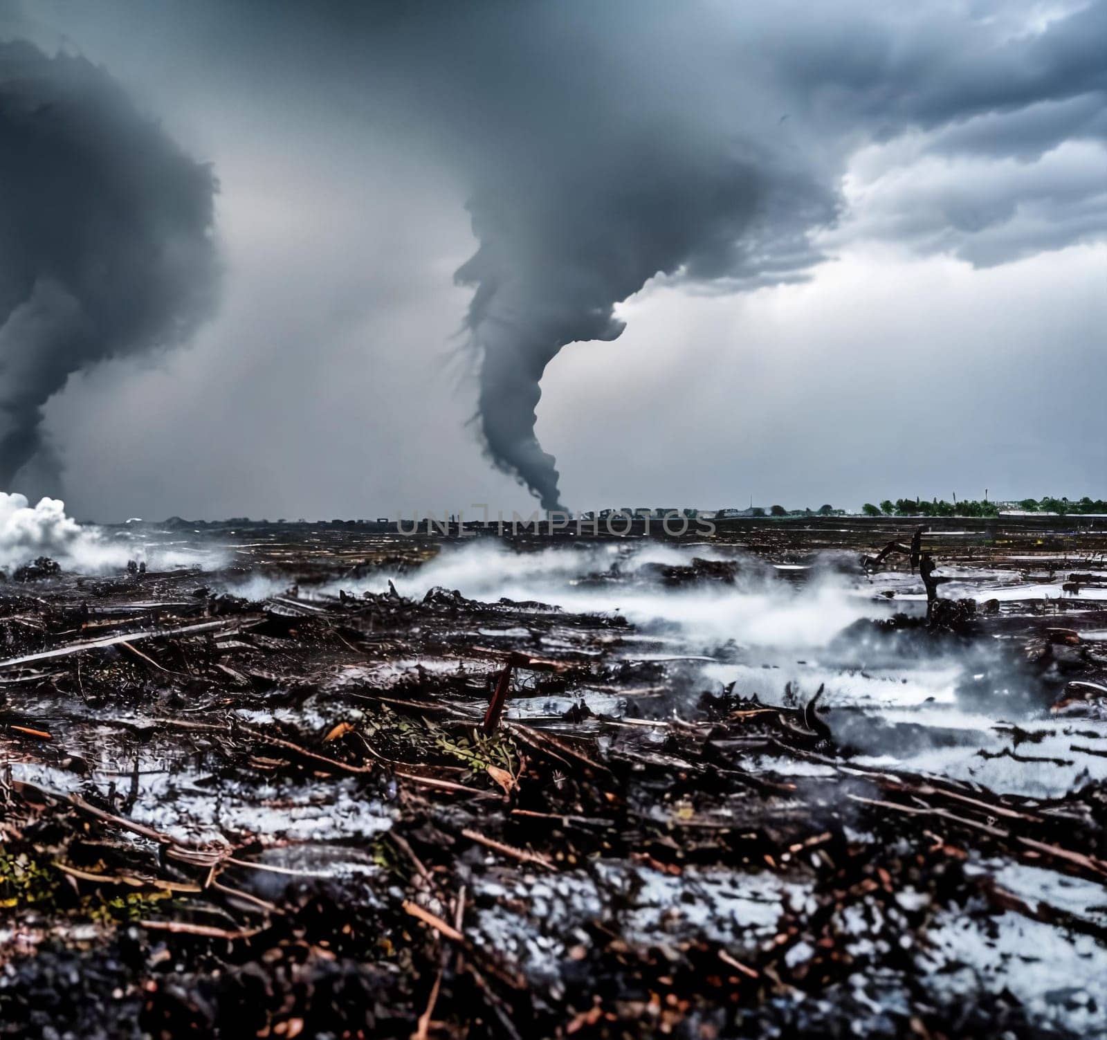 The raw power of a tornado by focusing on its twisting motion as it ravages the landscape, showcasing its destructive force amidst a barren field. Panorama