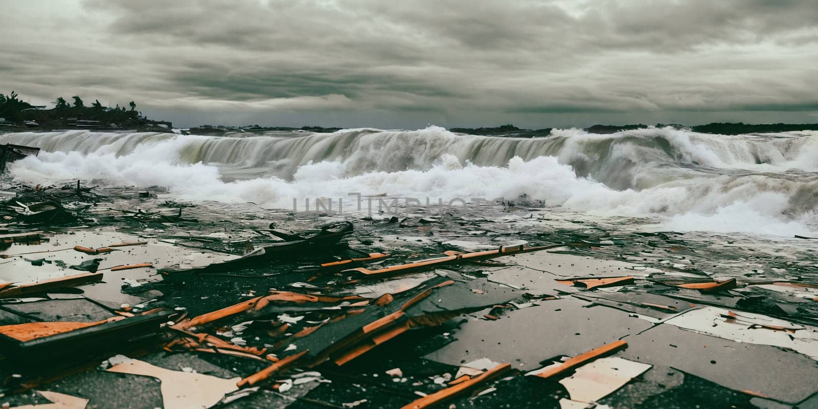 The aftermath of a powerful tsunami with debris scattered across a coastal area, emphasizing the sheer scale of destruction caused by the relentless waves. Panorama
