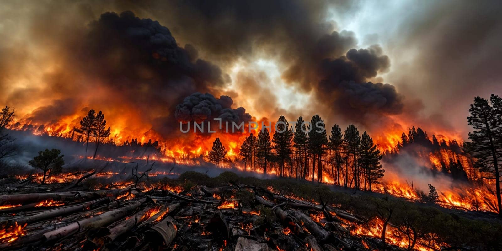The intensity of a raging wildfire as it engulfs a forest in flames, capturing the spectacle of fiery embers and billowing smoke against a darkened sky. Panorama