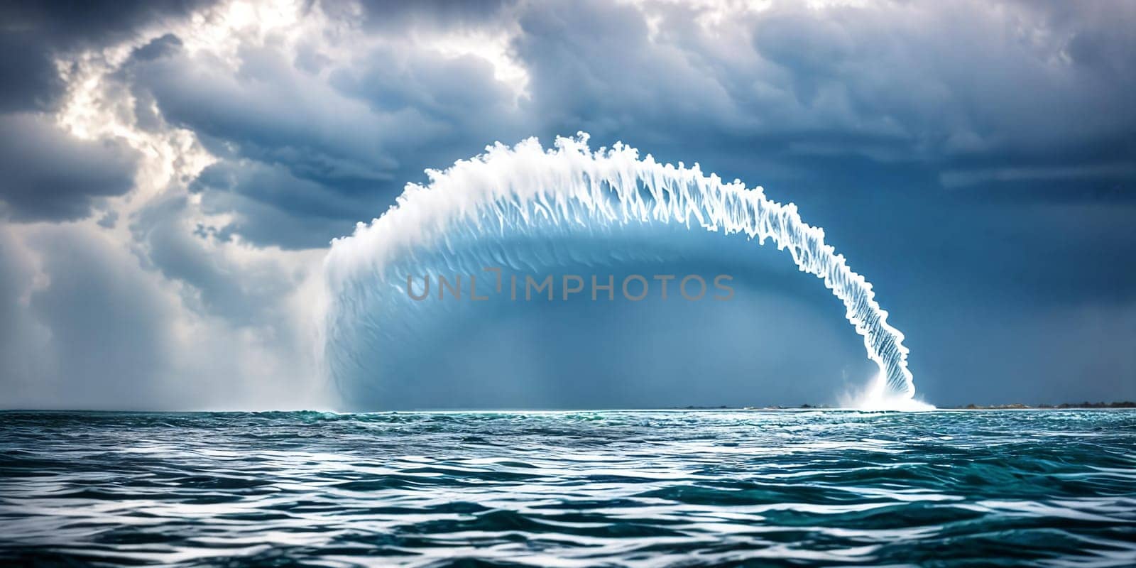 The mesmerizing spiral pattern of a waterspout forming over a body of water, highlighting the ethereal beauty of this natural phenomenon before it dissipates. Panorama