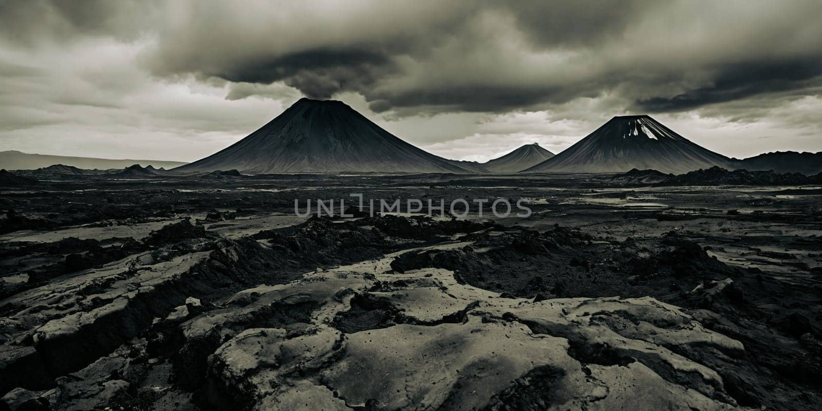 The aftermath of a volcanic eruption with layers of ash covering the surrounding landscape, creating an eerie and monochromatic scene that portrays the devastation caused by the event. Panorama