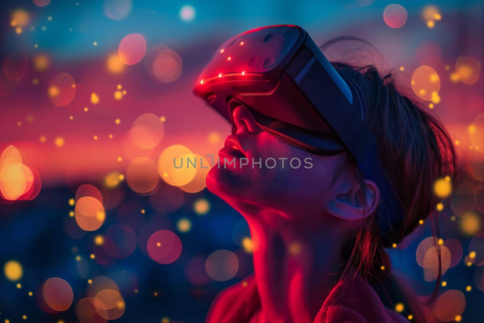 A woman wearing VR headset user, surreal world and virtual reality, colorful flowers fields. Generative AI.