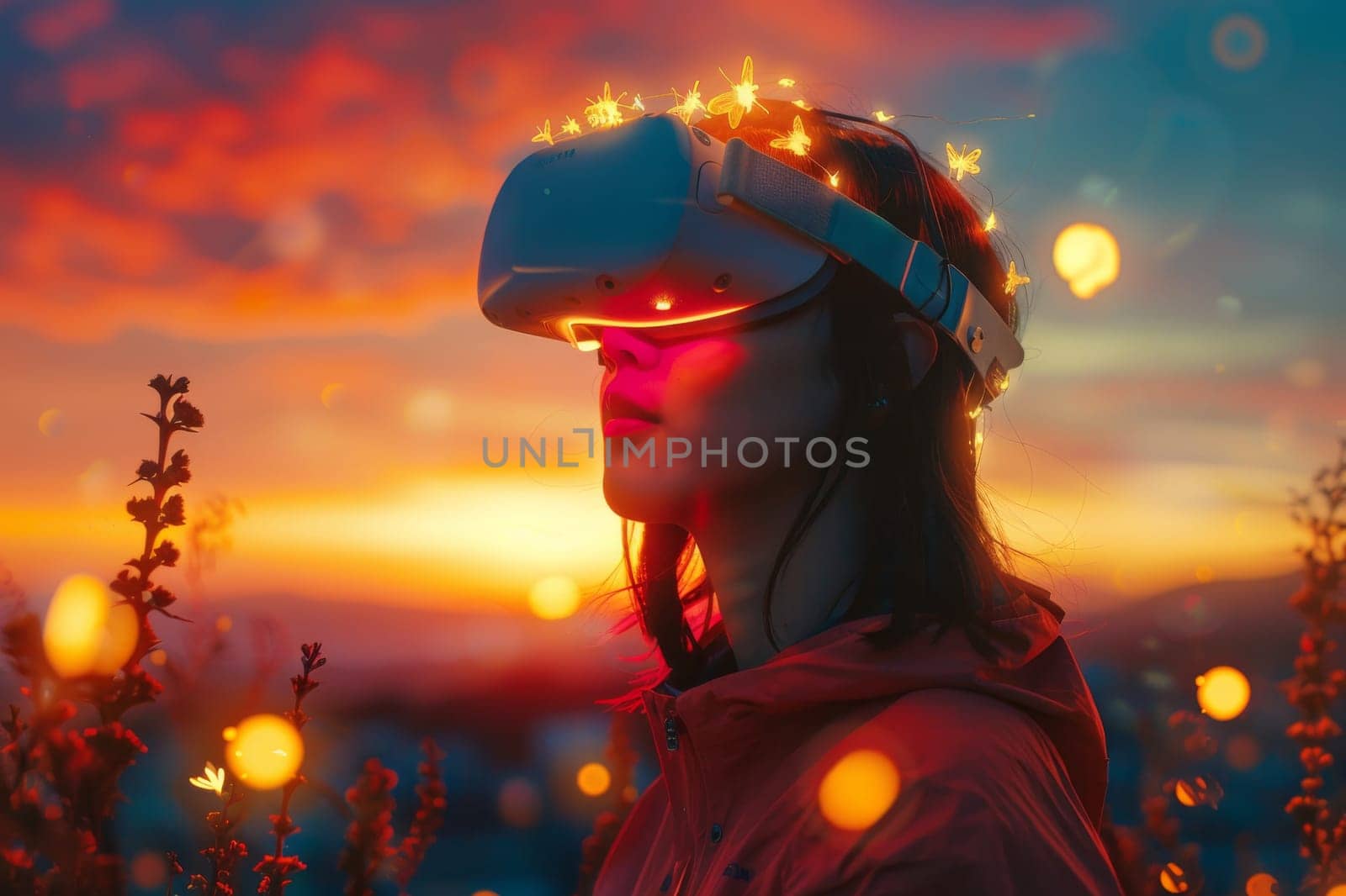 A woman wearing VR headset user, surreal world and virtual reality, colorful flowers fields. Generative AI.