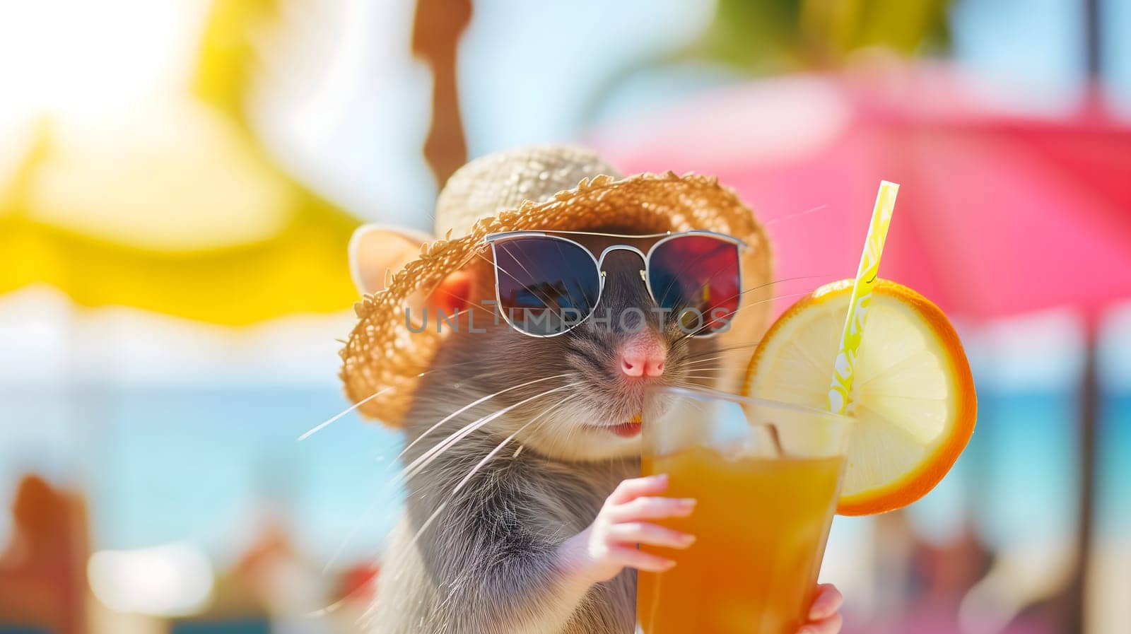 Funny rat with a cocktail on summer vacation. Neural network generated image. Not based on any actual scene or pattern.