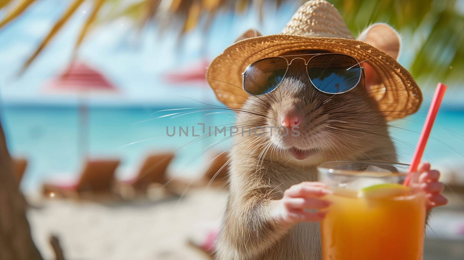 Funny rat with a cocktail on summer vacation. Neural network generated image. Not based on any actual scene or pattern.