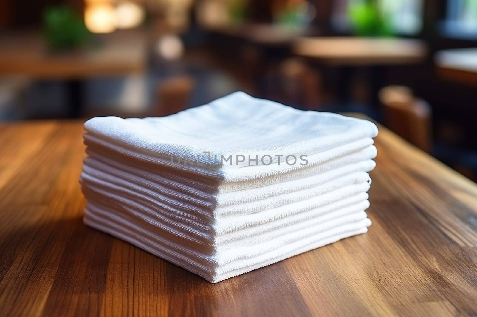 A stack of white clean napkins in a cafe on a wooden table. Generated by artificial intelligence by Vovmar