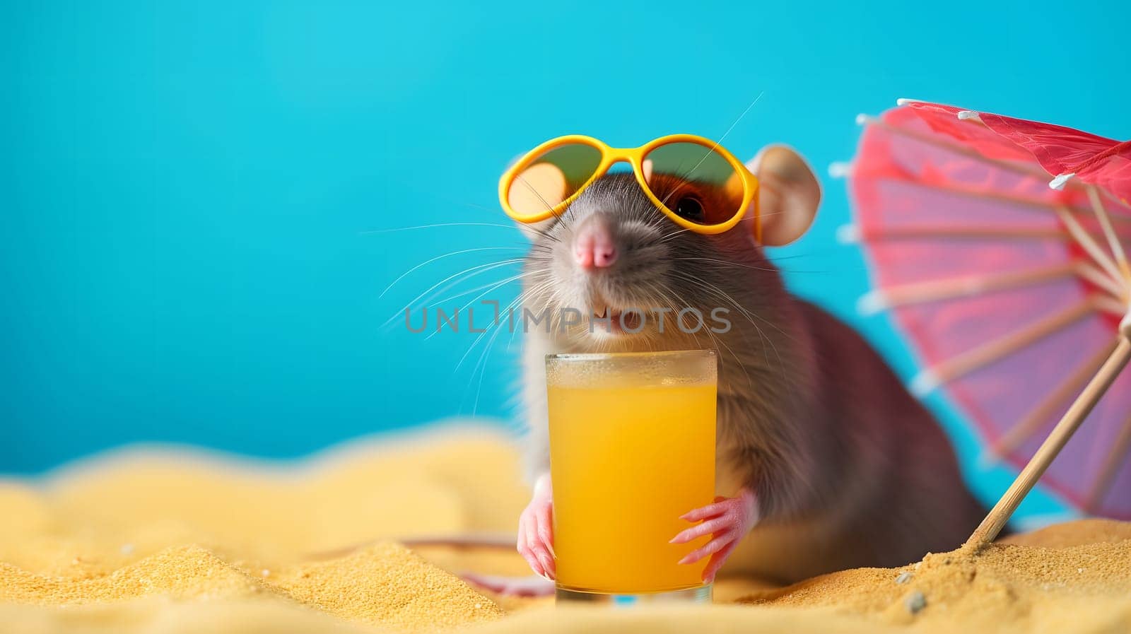 Funny rat with a cocktail on summer vacation. Neural network generated image. Not based on any actual scene or pattern.