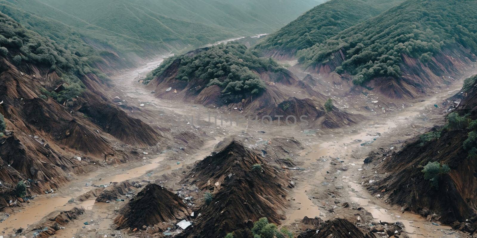 The aftermath of a massive landslide in a mountainous region, highlighting the chaotic debris flow and devastation left in its wake. Panorama