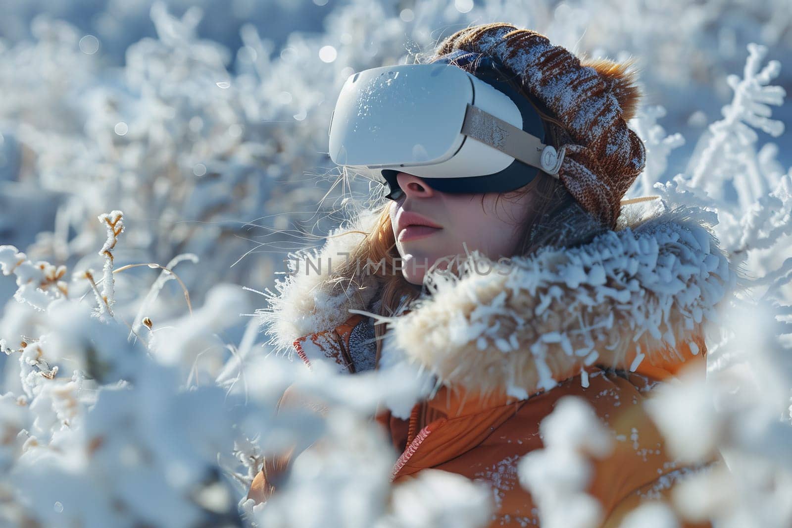 A woman wearing VR headset user, surreal world and virtual reality, colorful flowers fields. Generative AI.