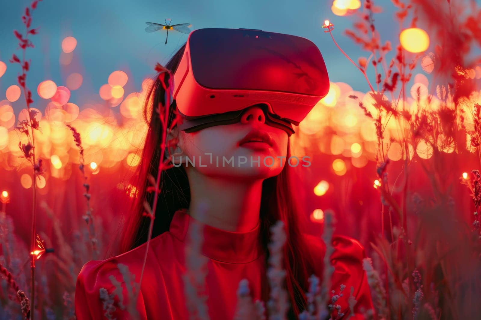 A woman wearing VR headset user, surreal world and virtual reality, colorful flowers fields. Generative AI.