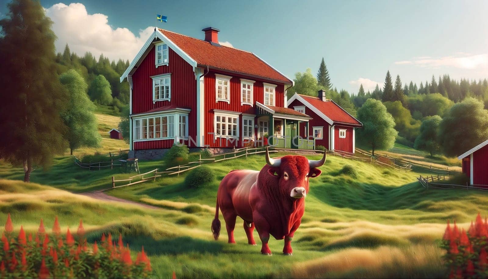 Symobol of Dalsland, a bull stands by a red house, also known as Dalslandsstuga by SweCreatives