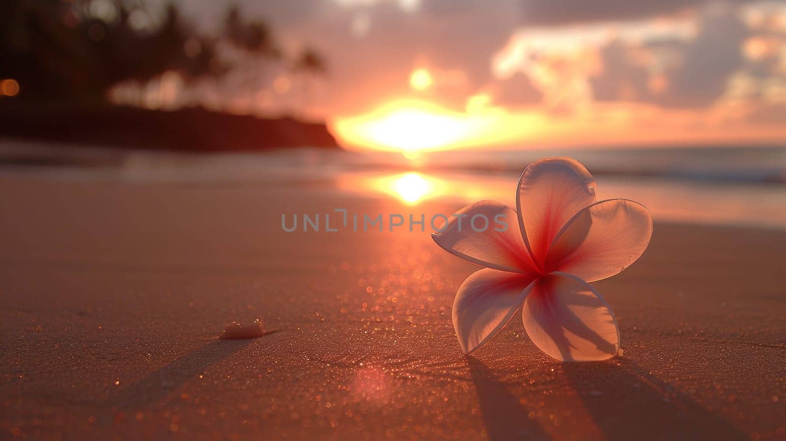 A flower on the beach at sunset with a beautiful view