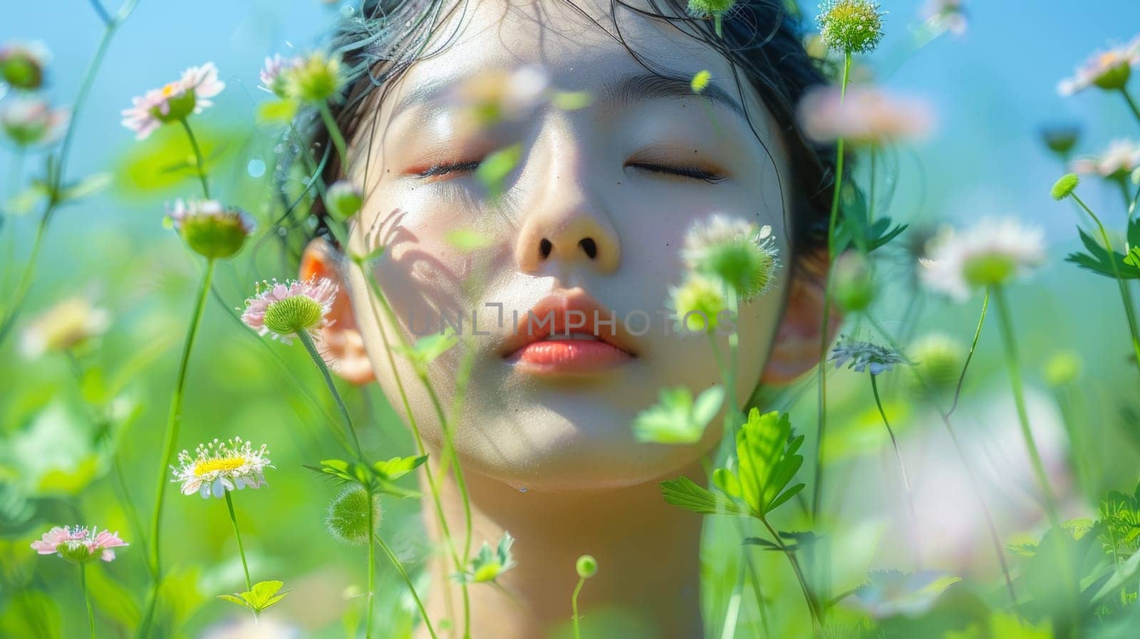 A woman with her eyes closed in a field of flowers