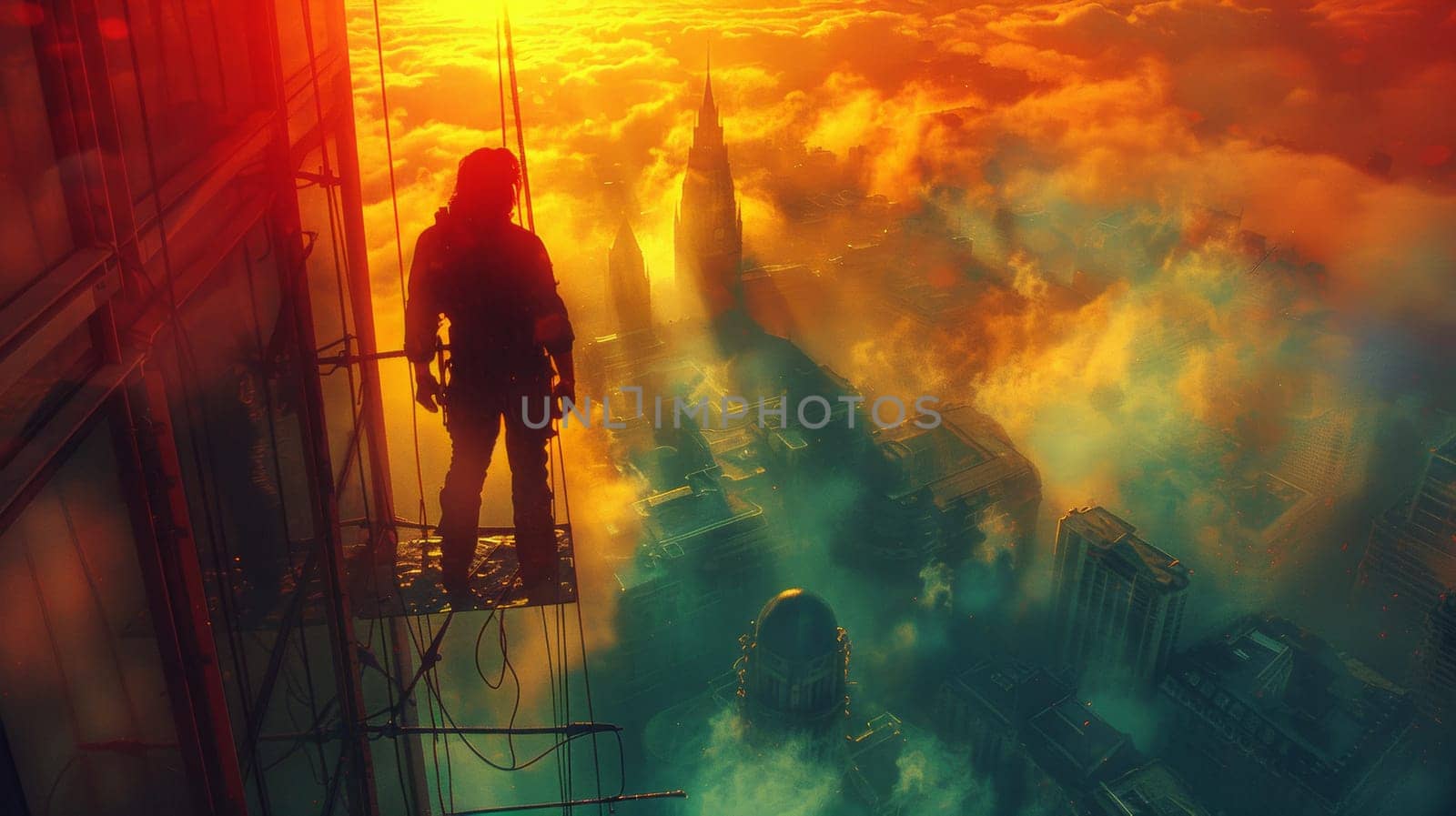A man standing on a ledge looking out over the city