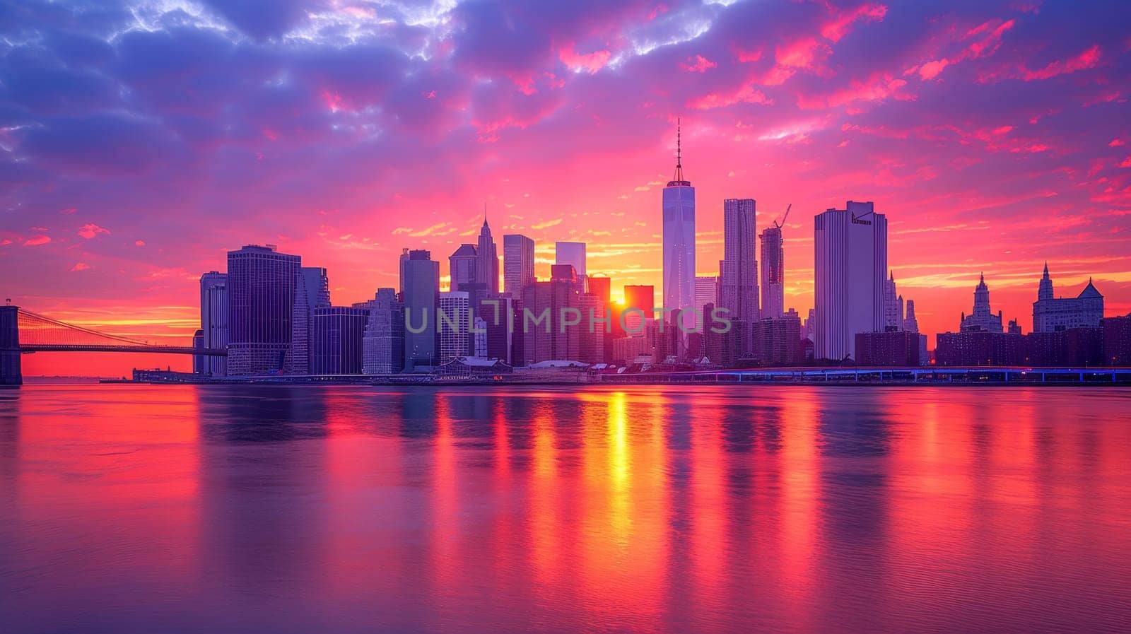 A city skyline with a sunset over the water