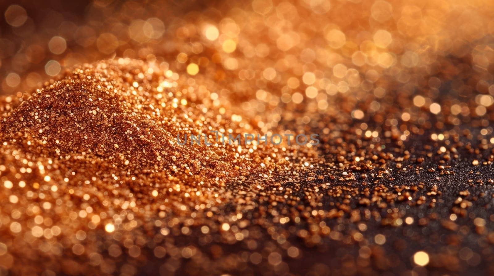 A close up of a pile of gold glitter on top of some sand