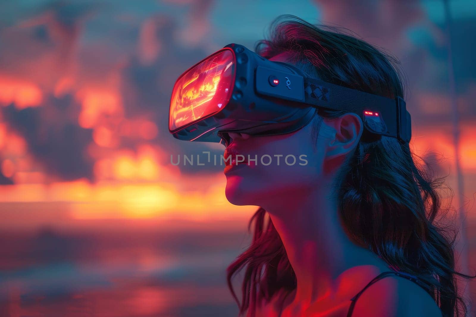 A woman wearing VR headset user, surreal world and virtual reality, colorful flowers fields. Generative AI.