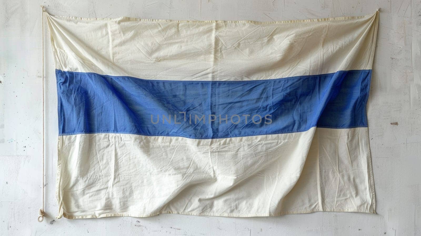 A blue and white striped flag hanging on a wall