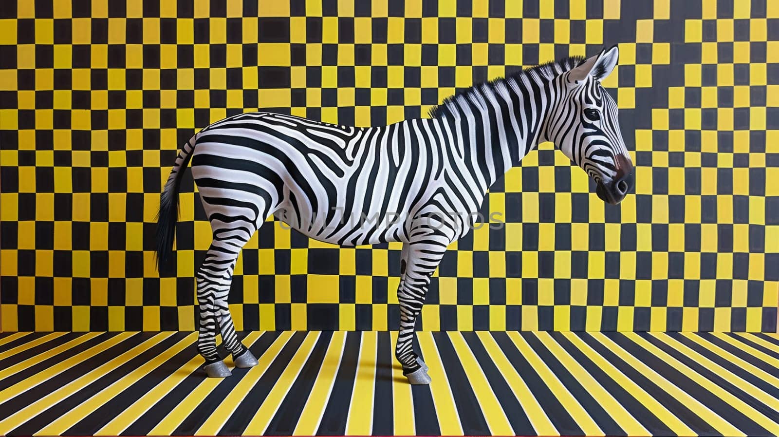 A zebra standing on a checkered floor in front of yellow and black background