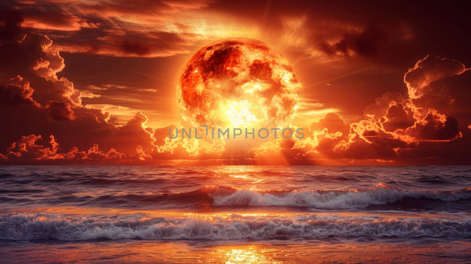 A large orange ball of fire is seen in the sky