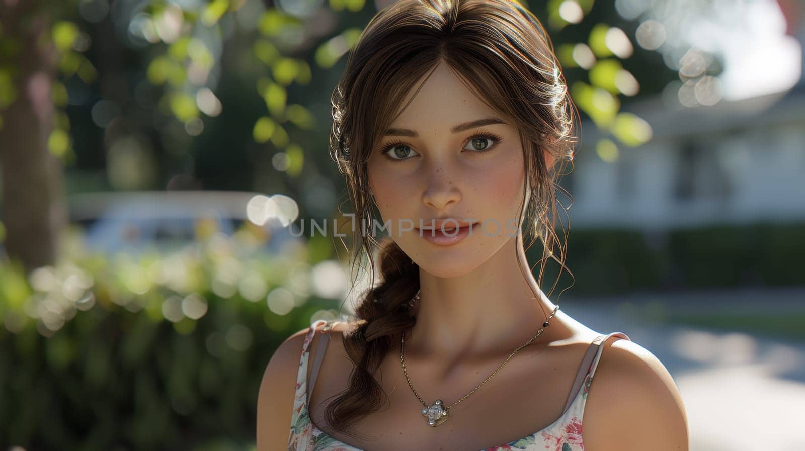 A woman with long brown hair and a necklace standing in front of trees