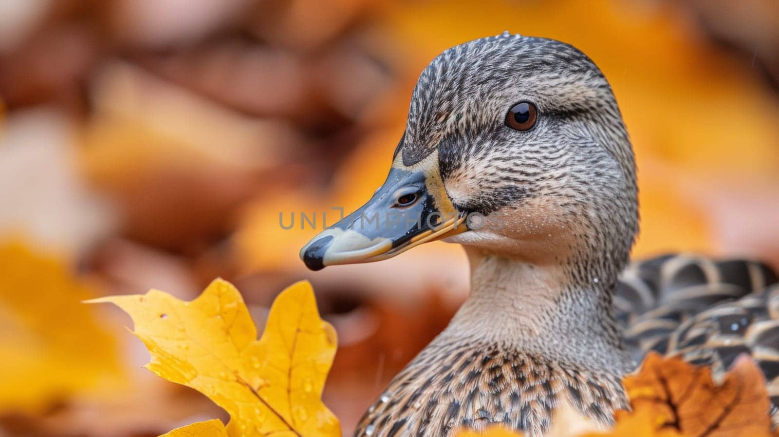 A duck sitting on a pile of leaves in the fall, AI by starush