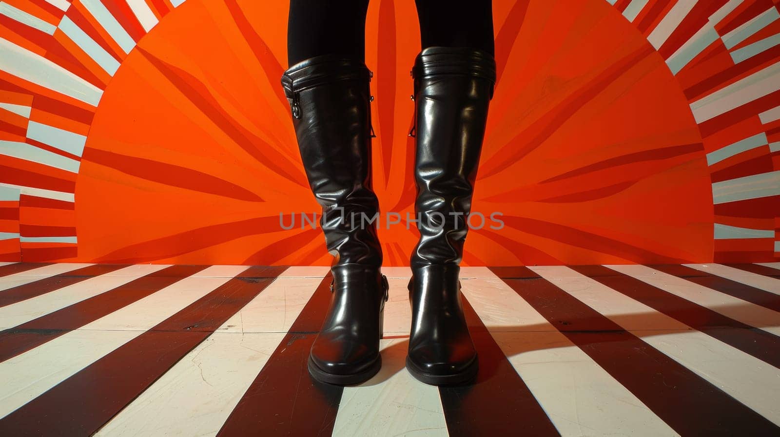 A woman in black boots standing on a striped floor, AI by starush