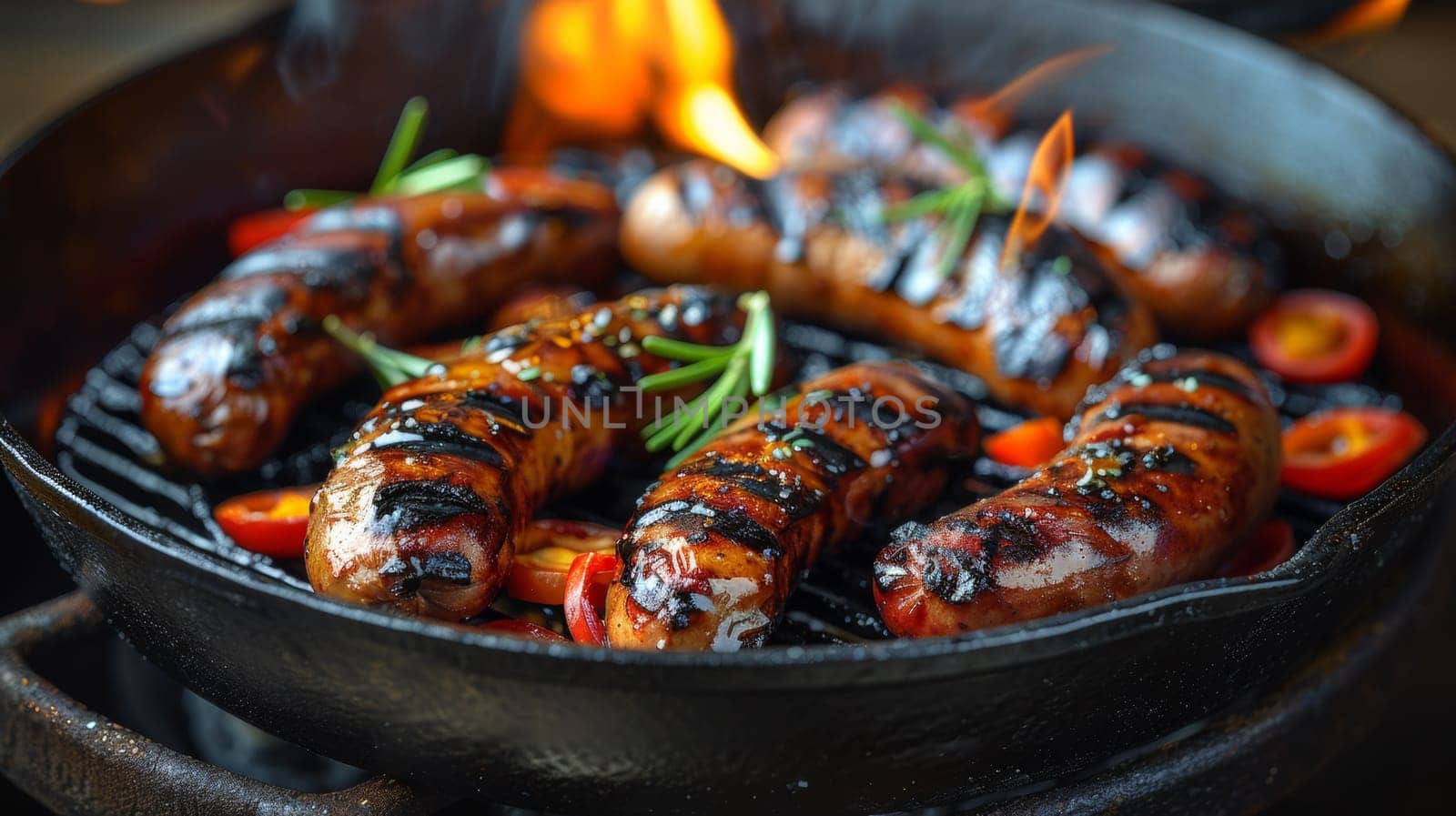 A grill with sausages and tomatoes cooking on the top