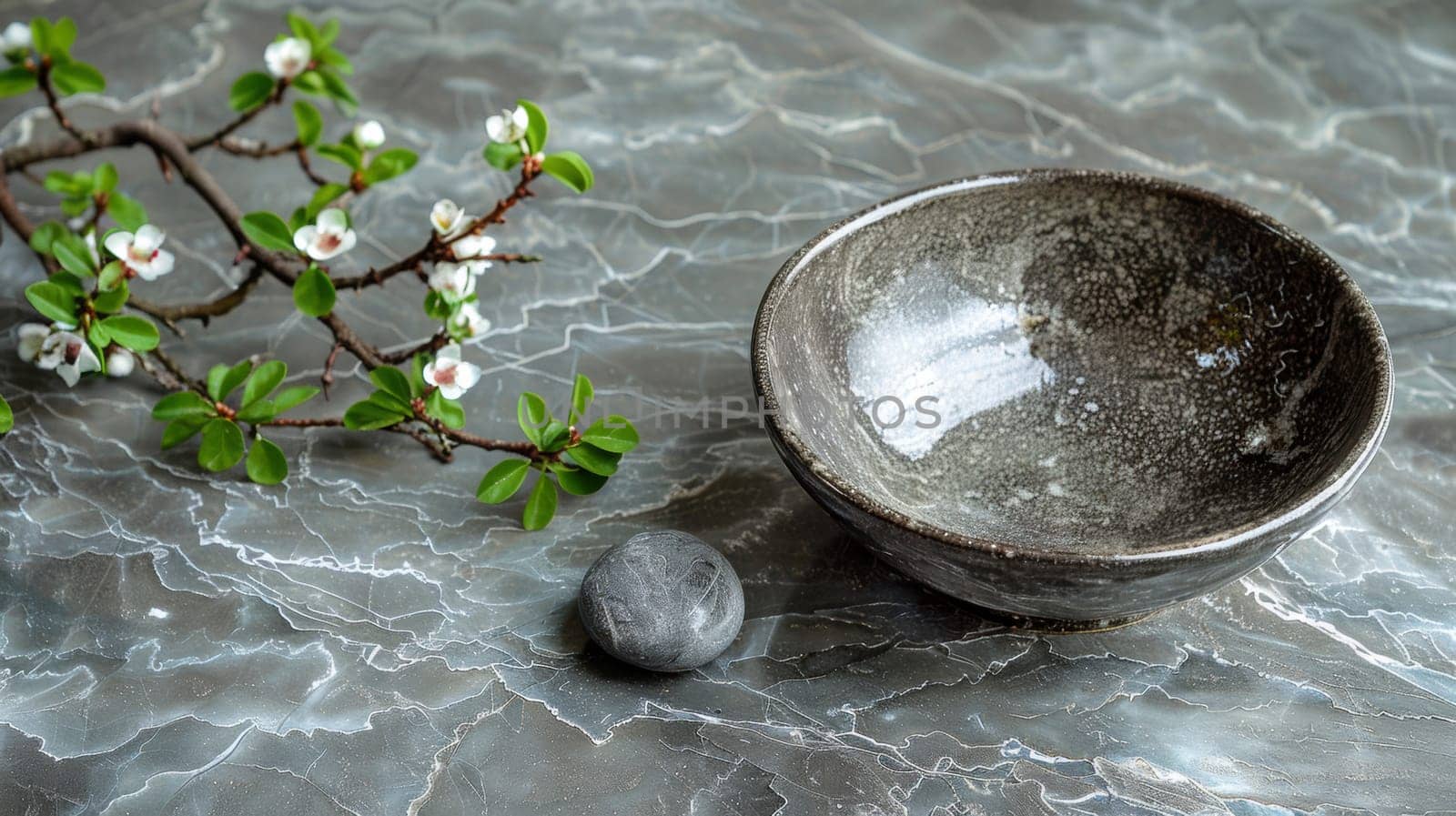 A stone and a bowl on marble countertop with flowers