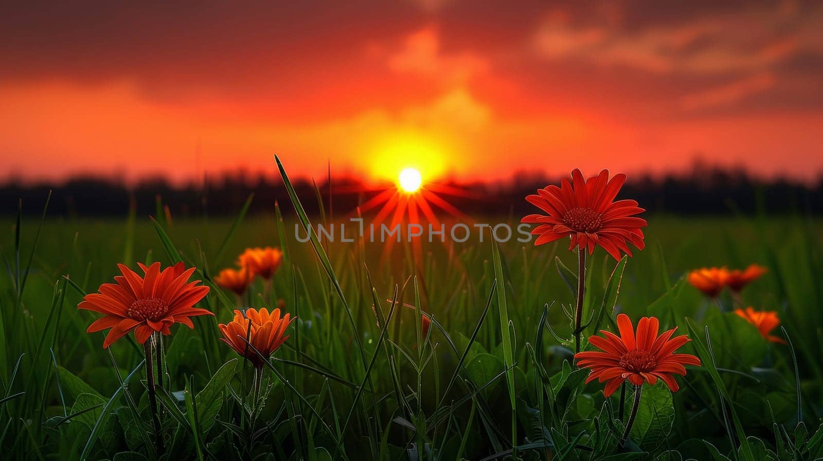 A field of flowers with a sunset in the background