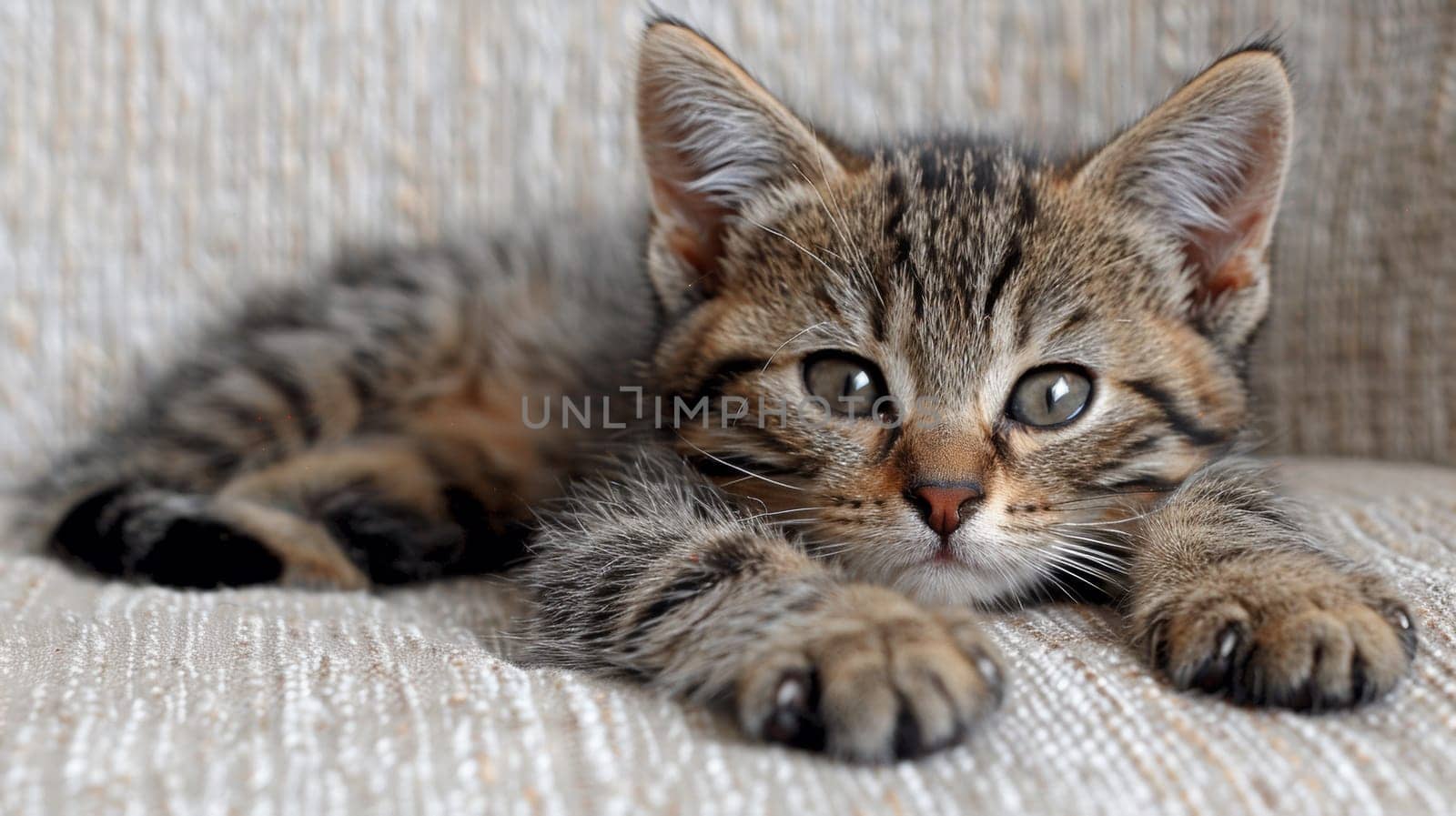 A small kitten laying on a couch with its eyes closed, AI by starush