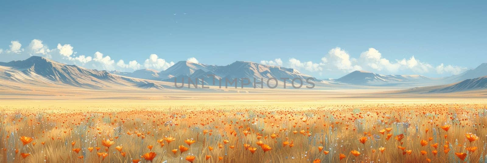 A large field of yellow flowers with mountains in the background, AI by starush