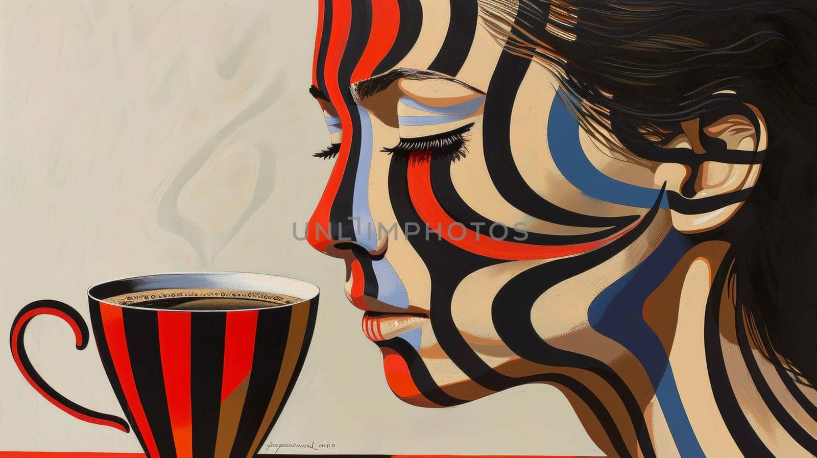 A woman with a striped face and red lips holding coffee