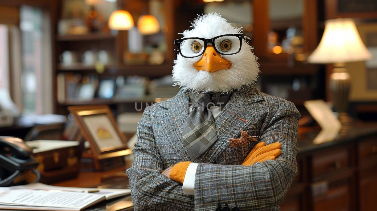 A stuffed bird wearing a suit and tie with glasses